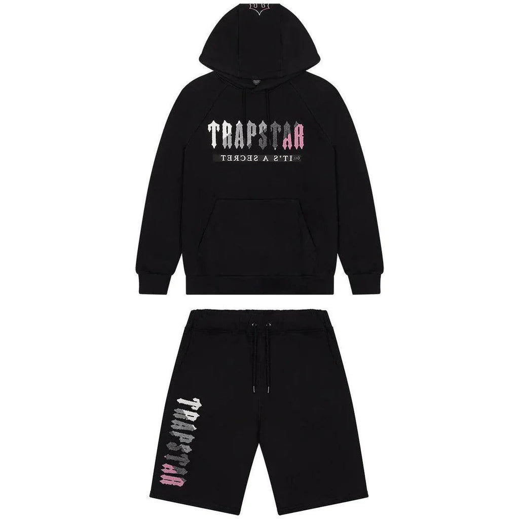 Trapstar Irongate Chenille Decoded Hoodie Shorts Set Black/Pink
