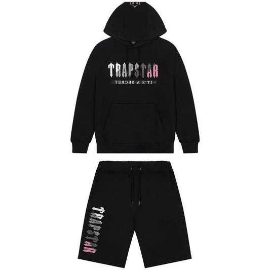 Trapstar Irongate Chenille Decoded Hoodie Shorts Set Black/Pink