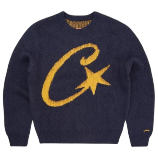 Corteiz C Star Mohair Knit Sweater Navy/Yellow