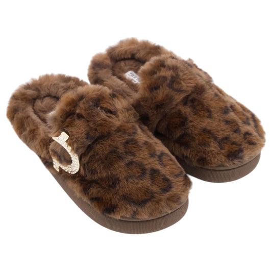 True Religion Faux Fur Leopard Print Slippers